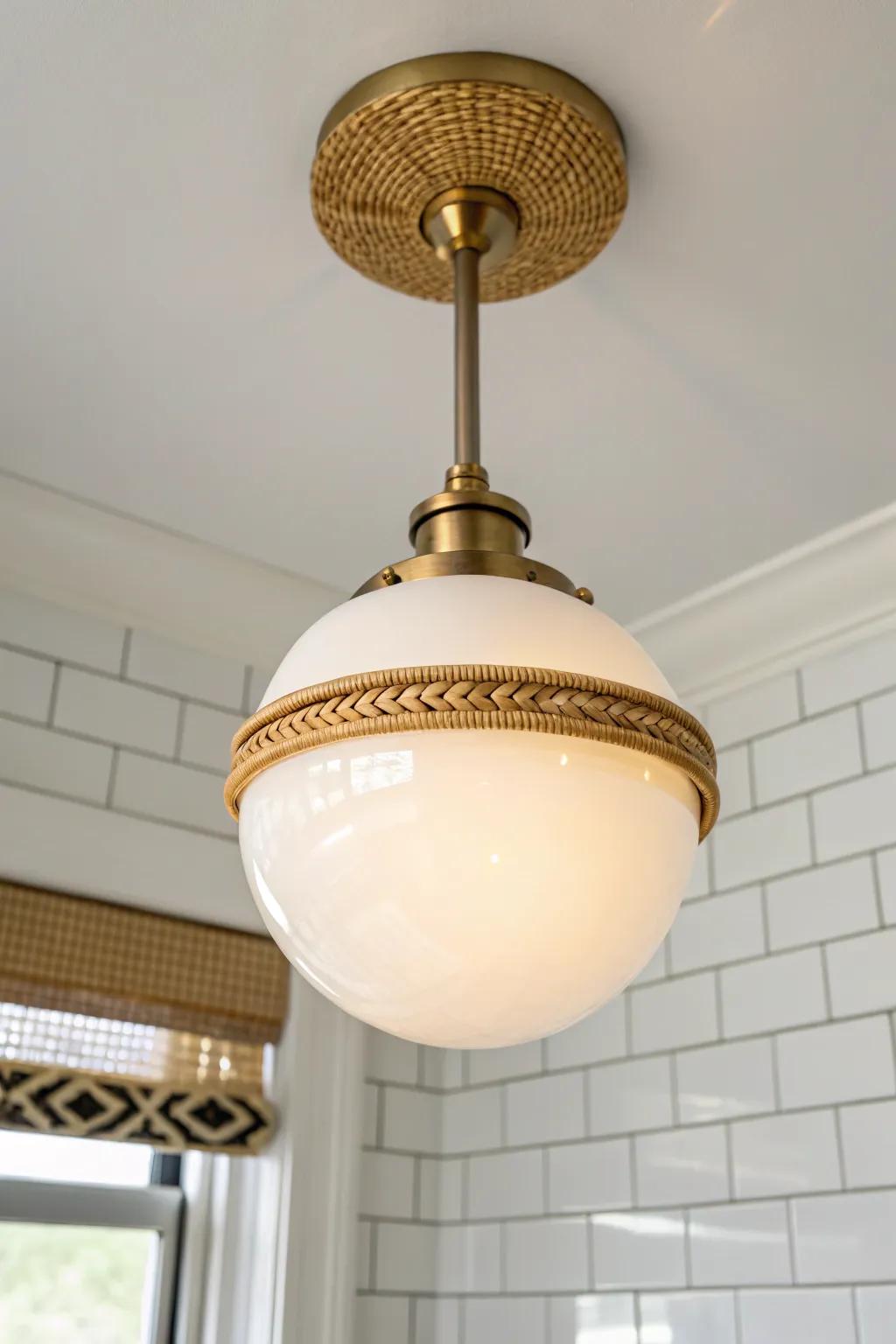 A sculptural semi-flush globe in brass adds drama—ideal for small bathrooms with low ceilings.