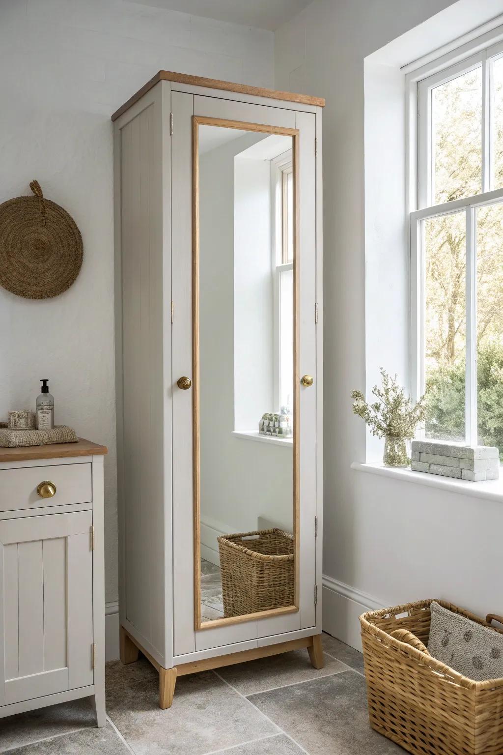 Mirror-front pantry cabinet that brightens a small bathroom while hiding everyday clutter.