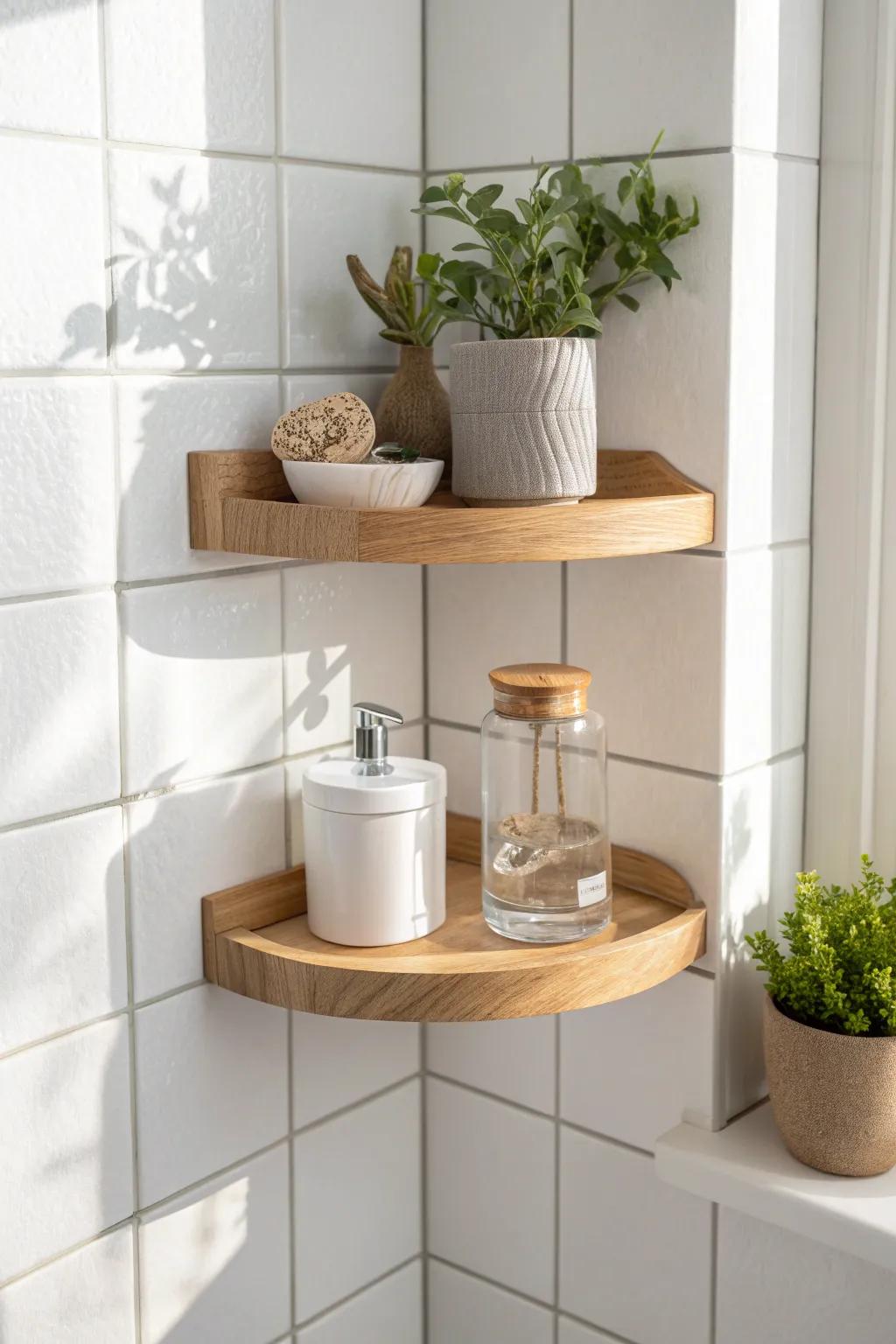 A curved corner shelf adds storage and a soft, finished look—just a plant and jar is enough.
