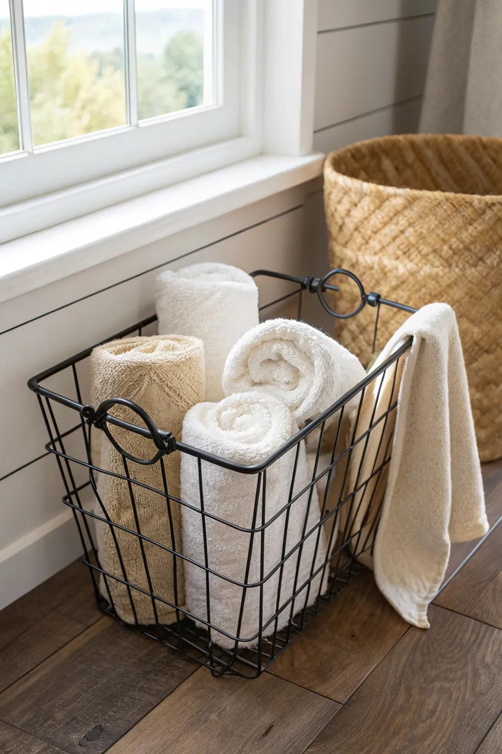 Airy wire basket keeps towels fresh—minimal, crafted, and beautiful for small bathrooms.