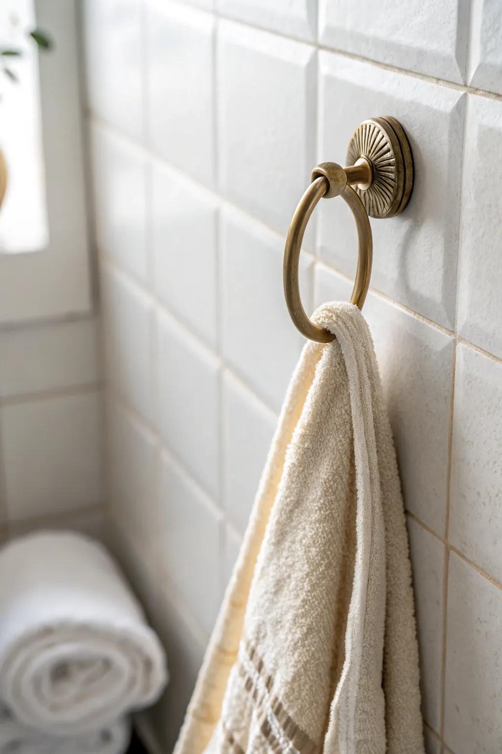 One matching brass hook elevates the whole bathroom into a calm, hotel-like moment.