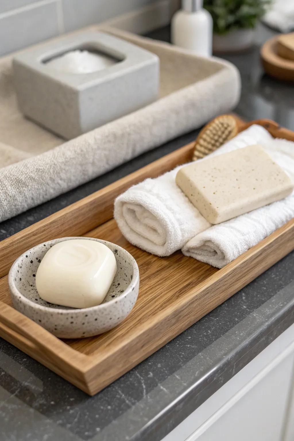 A simple hand-towel tray setup that makes even the tiniest bathroom feel guest-ready.