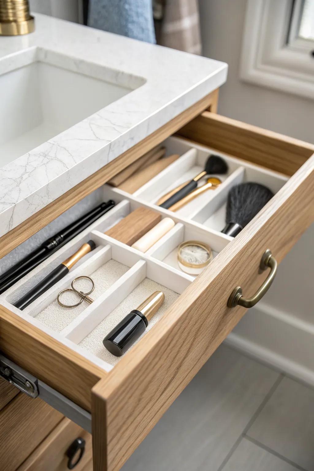 A shallow drawer insert keeps brushes and tools visible, tidy, and perfect for narrow vanities.