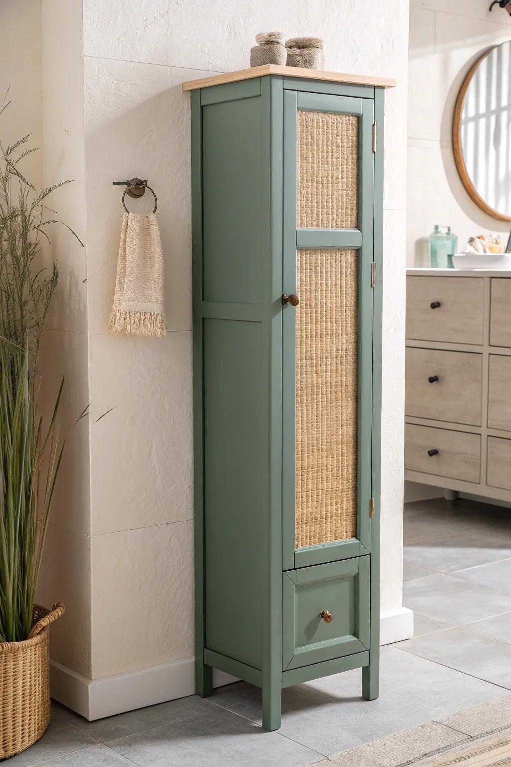 A contrasting sage vanity tower turns small-bath storage into a stylish focal point.