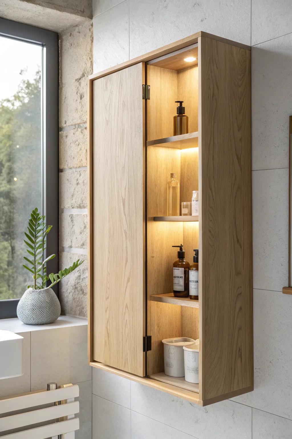 Warm integrated lighting in a slim oak wall cabinet—perfect for calm, glare-free mornings.