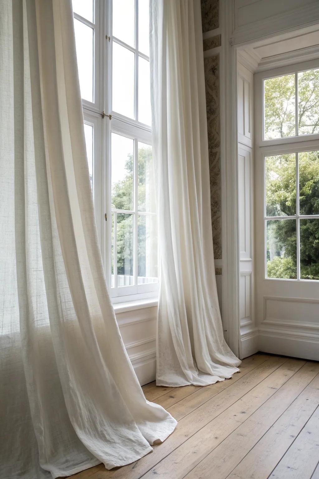 A slight puddle hem turns bay window curtains into instant formal, luxe drama.