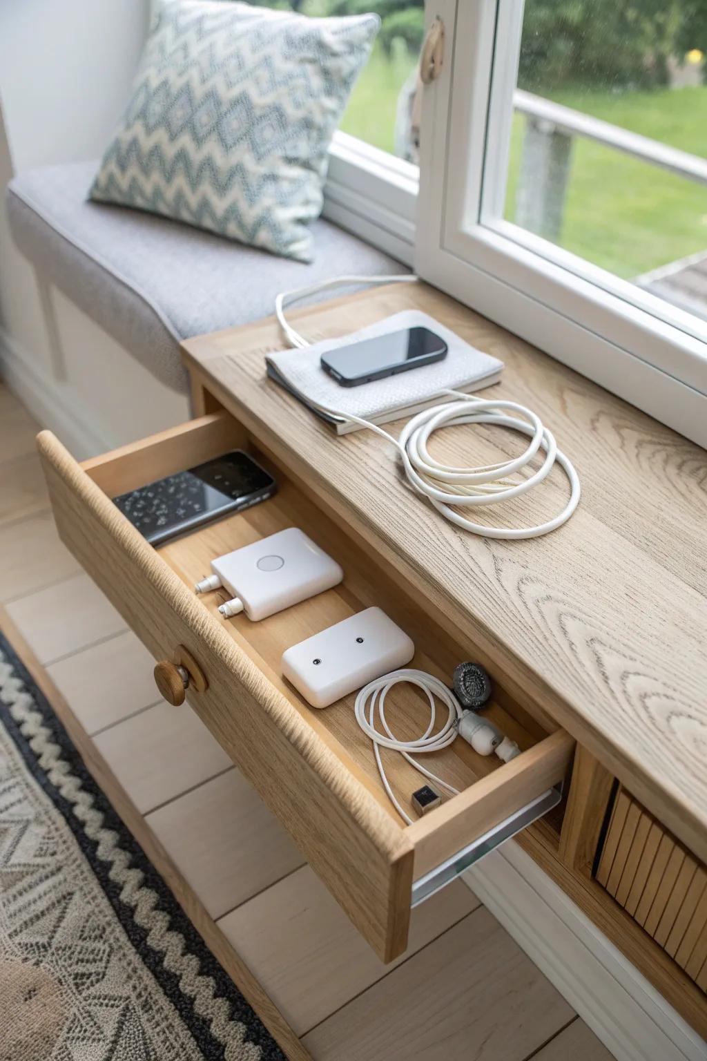 A hidden charging drawer in the bay bench keeps cords tucked away and tech essentials organized.