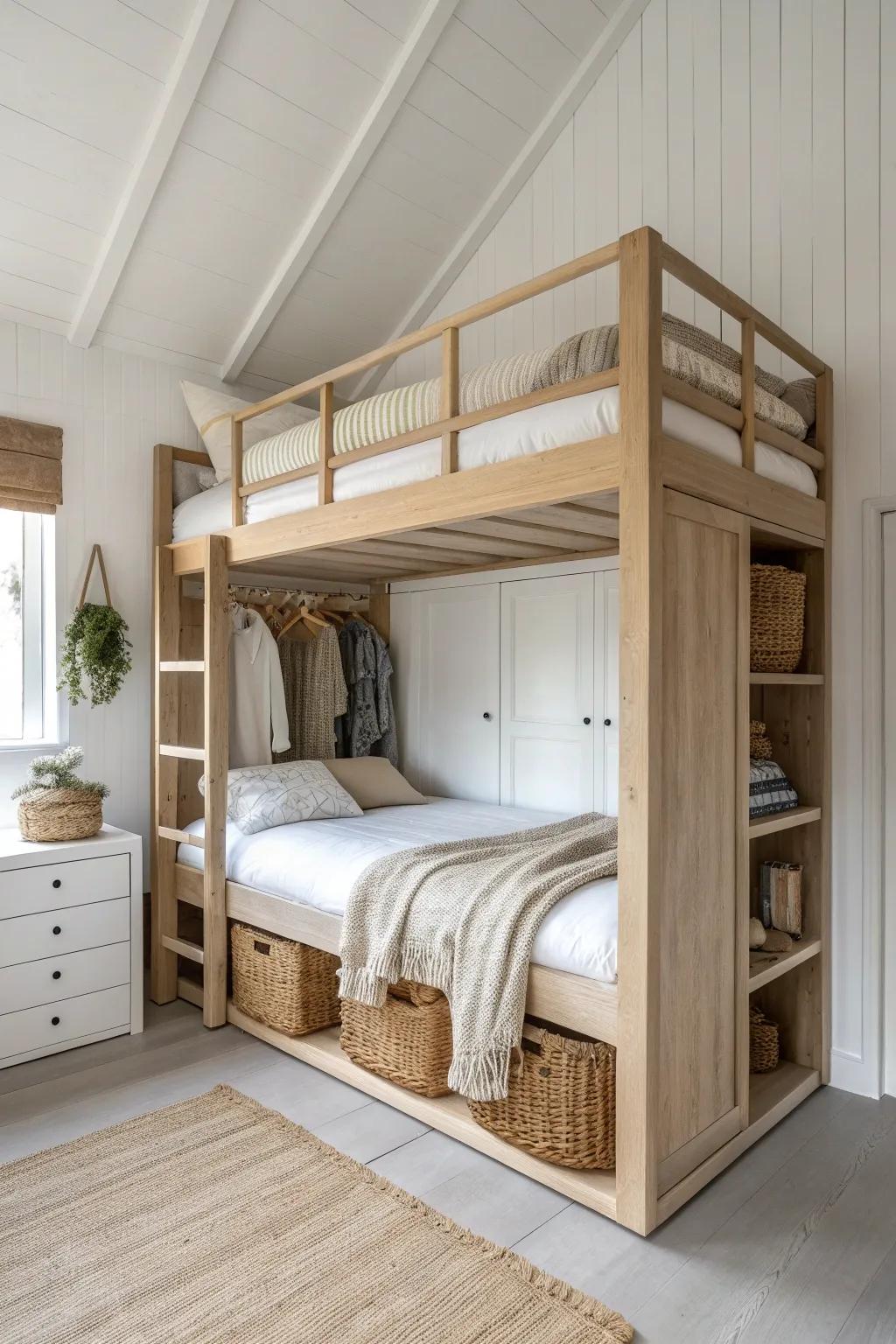 A loft bed with a storage wall below turns one small studio into two airy, organized zones.