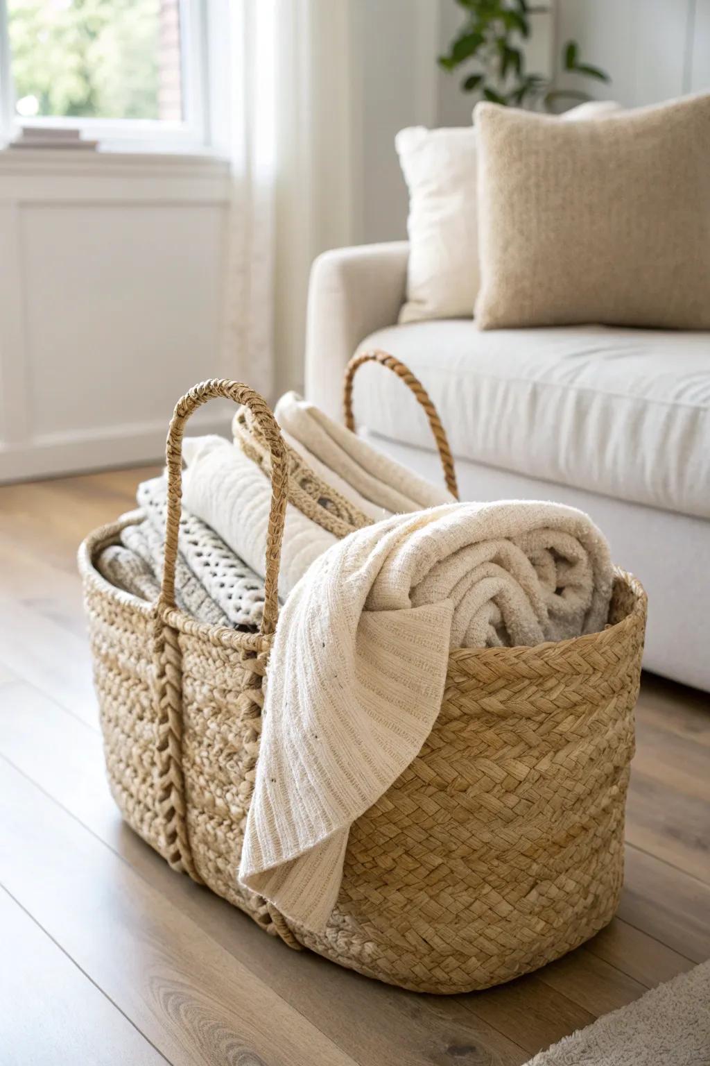 A woven basket keeps everyday throws tidy and styled—perfect cozy storage for small spaces.