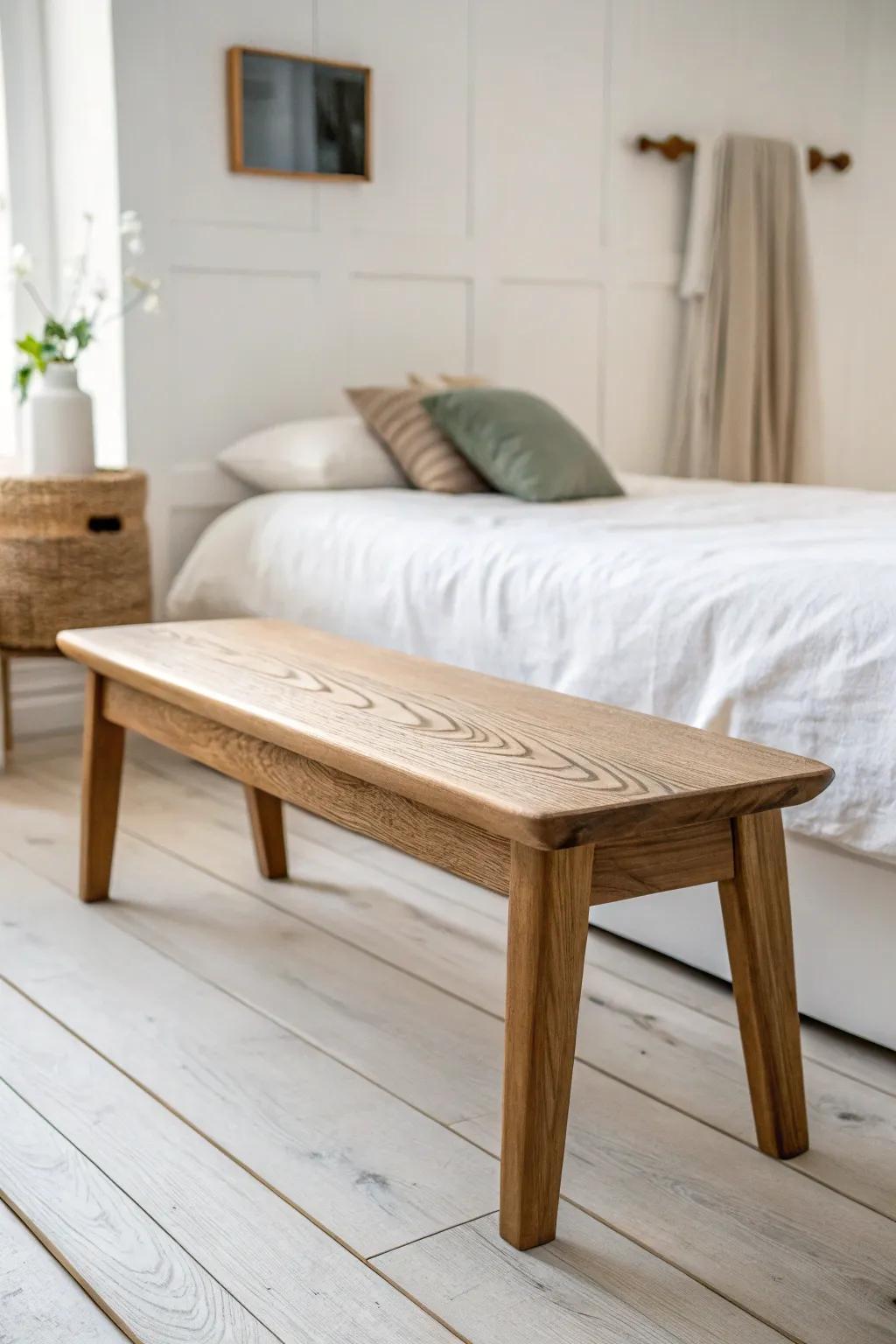 Center a slim bench at the foot of the bed for instant, hotel-like symmetry in small bedrooms.