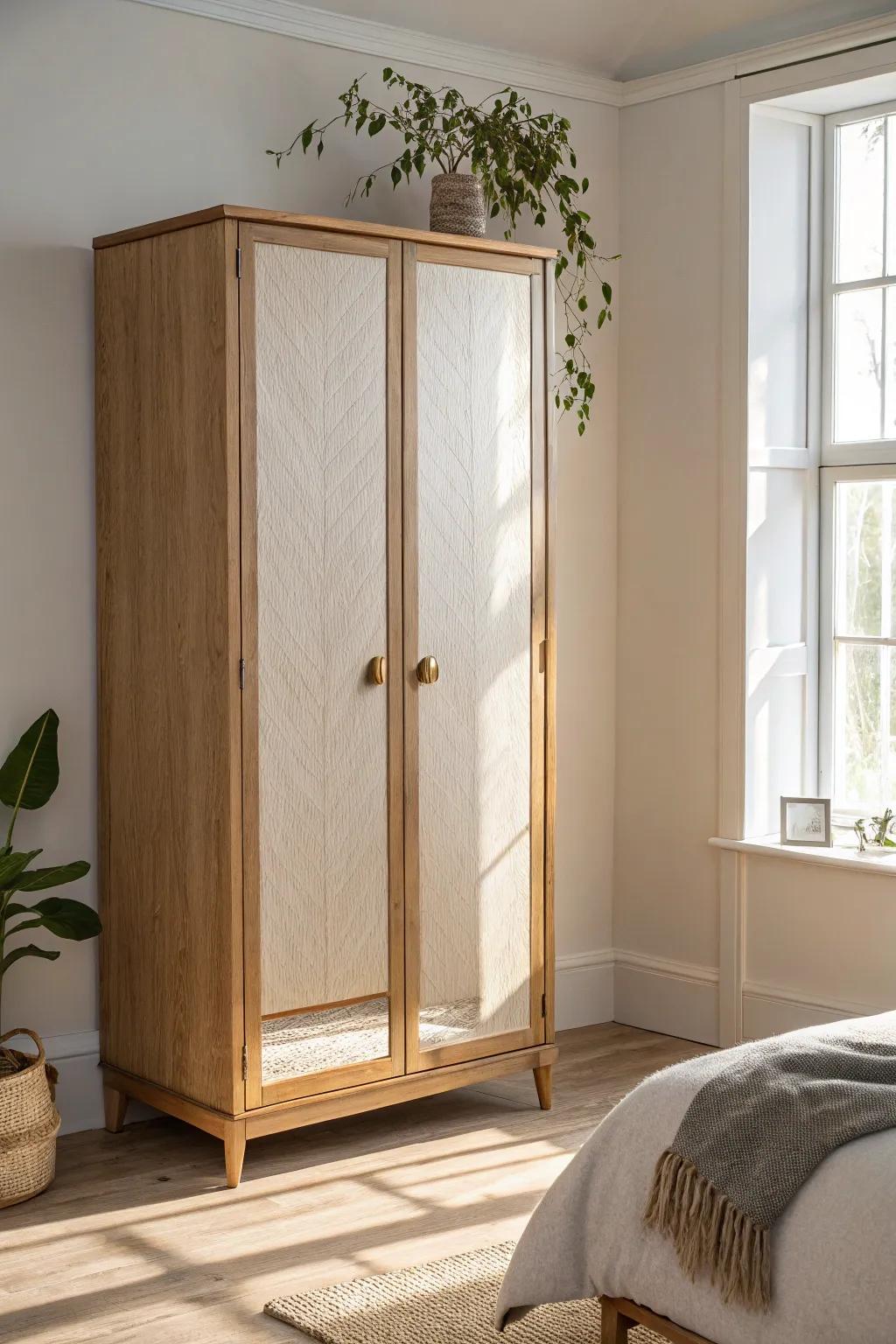 Mirrored cabinet doors reflect light and double as a full-length mirror in tiny bedrooms.