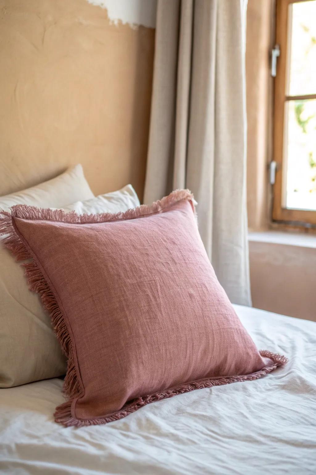 Mauve‑tinged beige walls and taupe curtains make dusty‑rose linens feel softly romantic.