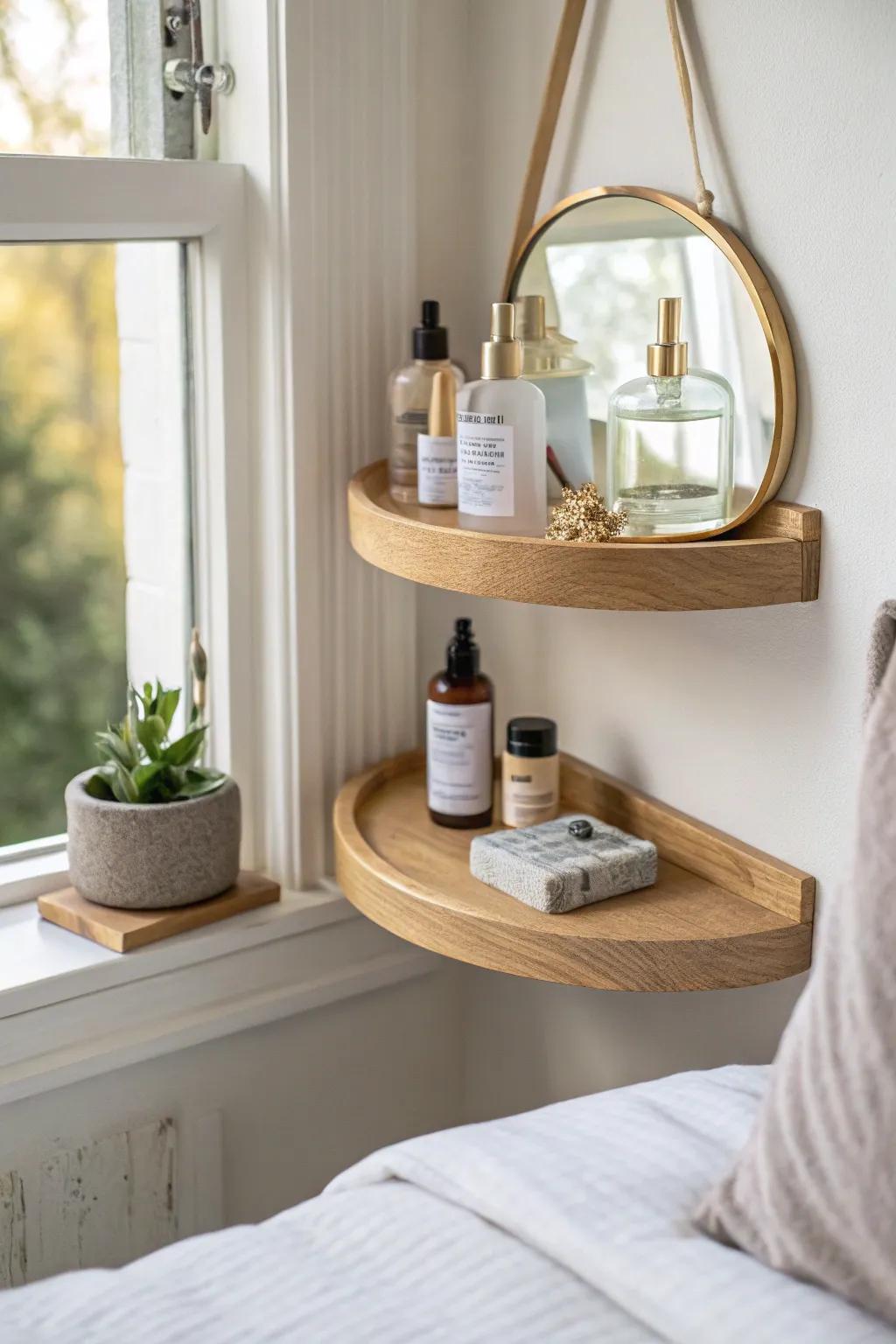 Corner vanity shelf: mirror, skincare, and tray—vertical storage that keeps chaos off the dresser.