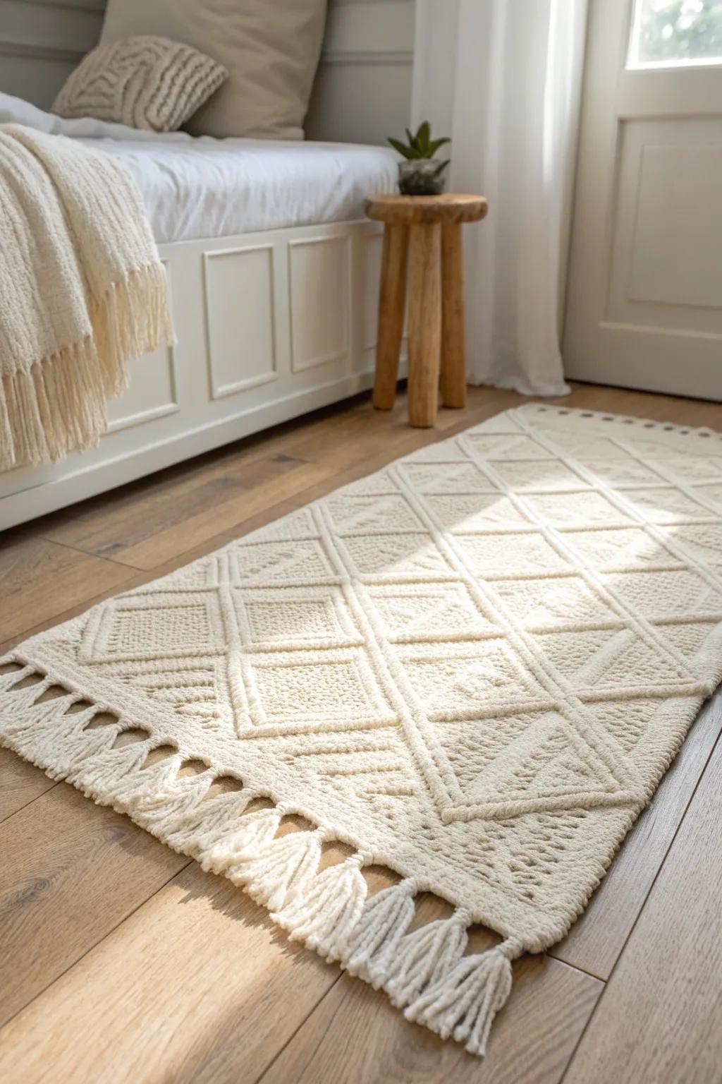 Layer a plush rug over jute to warm up your bedroom workout corner—styled, not sterile.