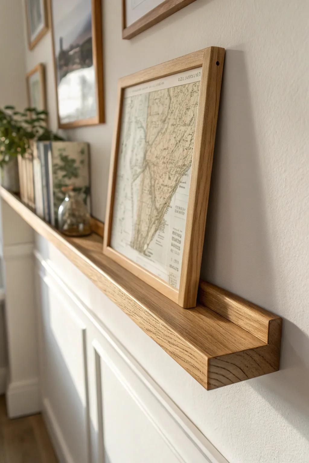 A simple picture ledge lets posters or maps shine—renter-friendly, minimal, and gallery-calm.