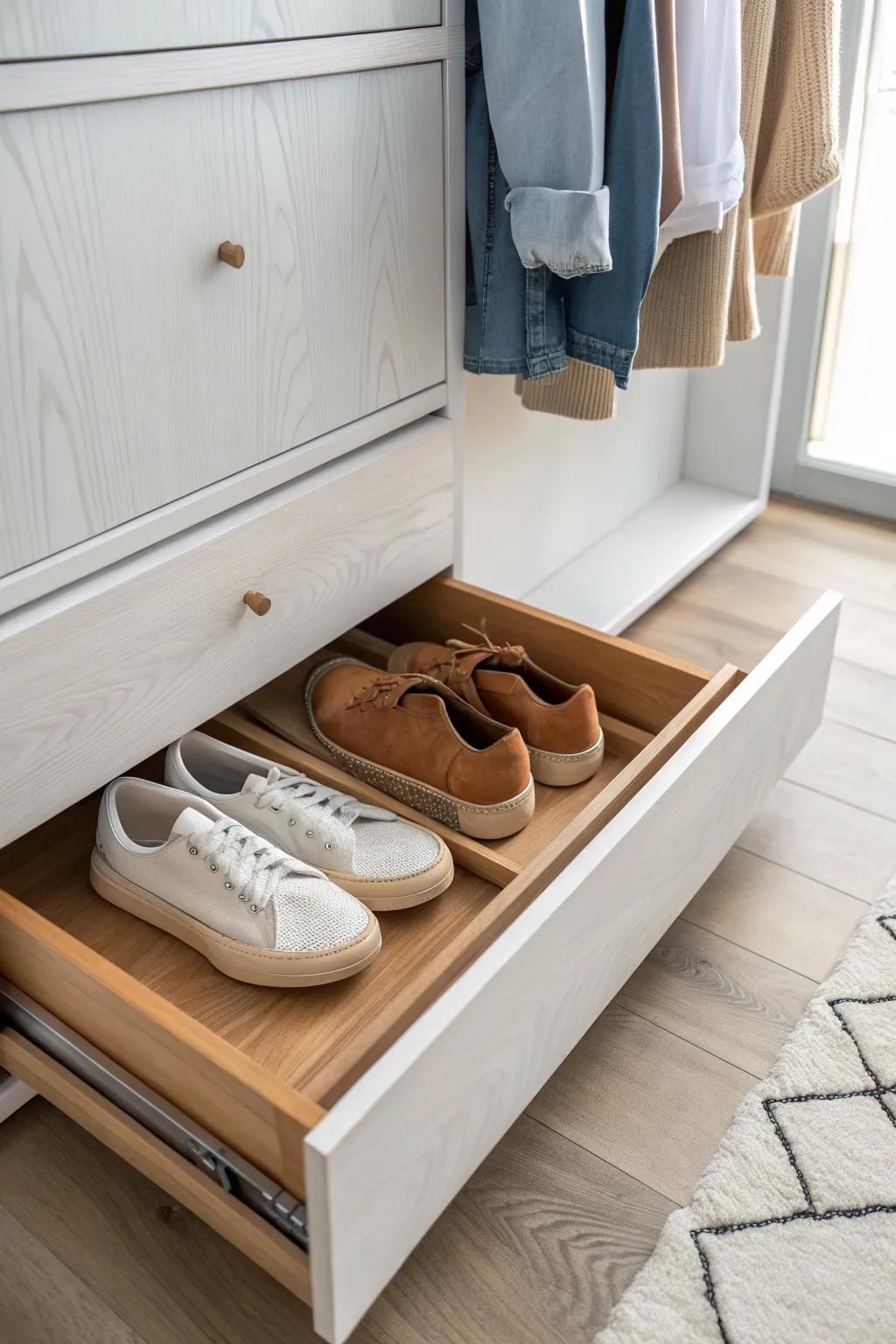A pull-out closet shoe drawer keeps pairs visible and tidy—no more digging in the back.