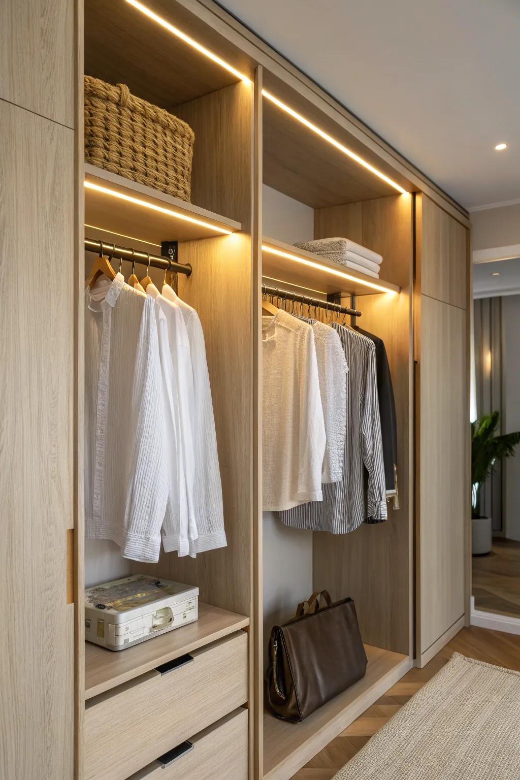 Warm built-in wardrobe lighting that makes mornings calmer—and your closet instantly chic.