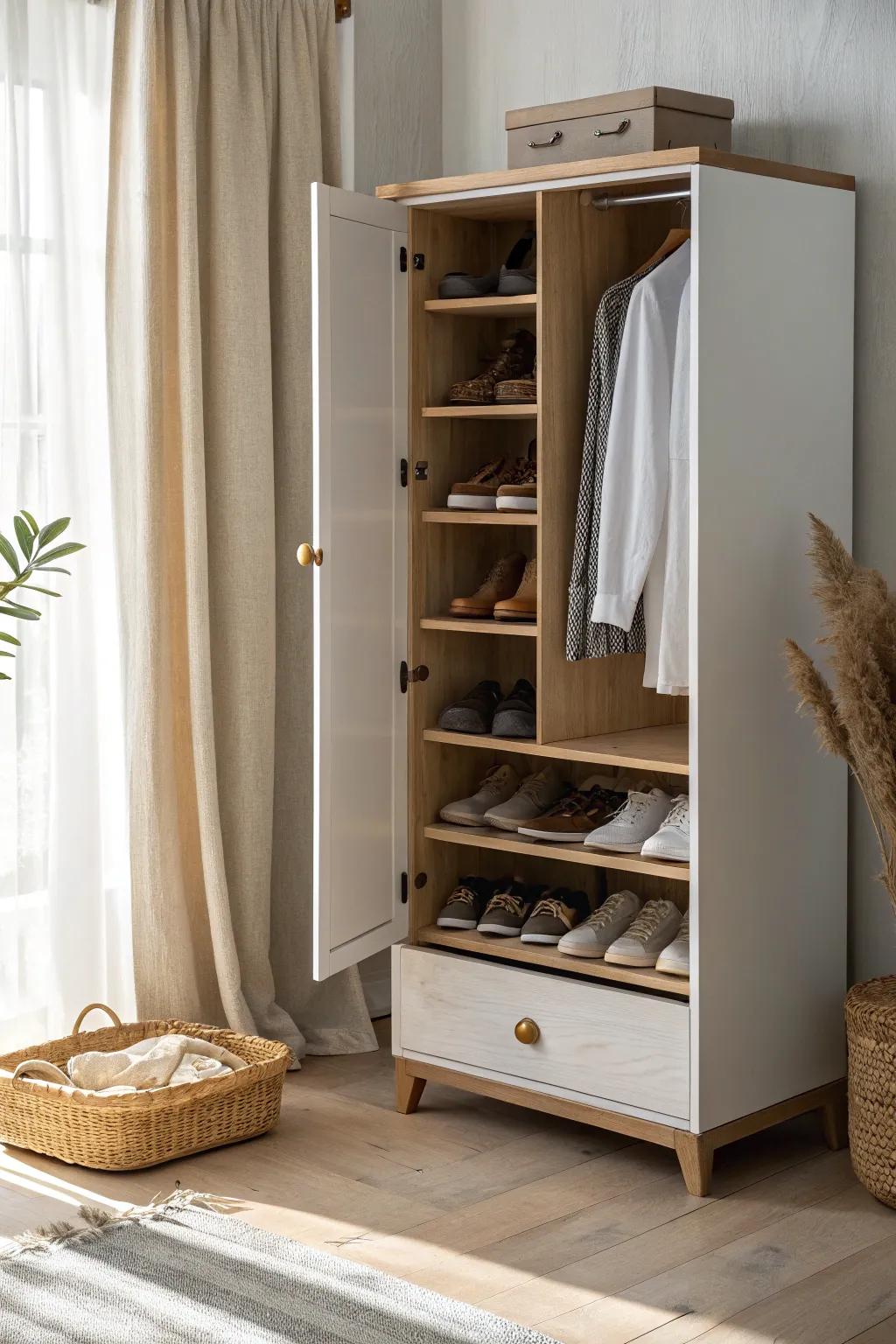 Hidden wardrobe shoe shelves keep floors clear—minimal, calm, and beautifully organized.