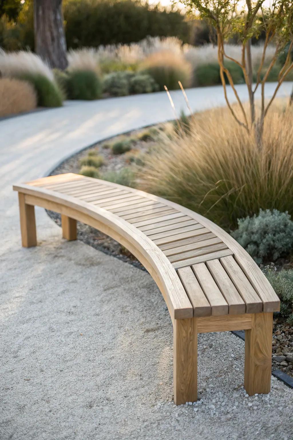 A dreamy curved garden bench that guides the path—minimal, crafted, and beautifully calm.