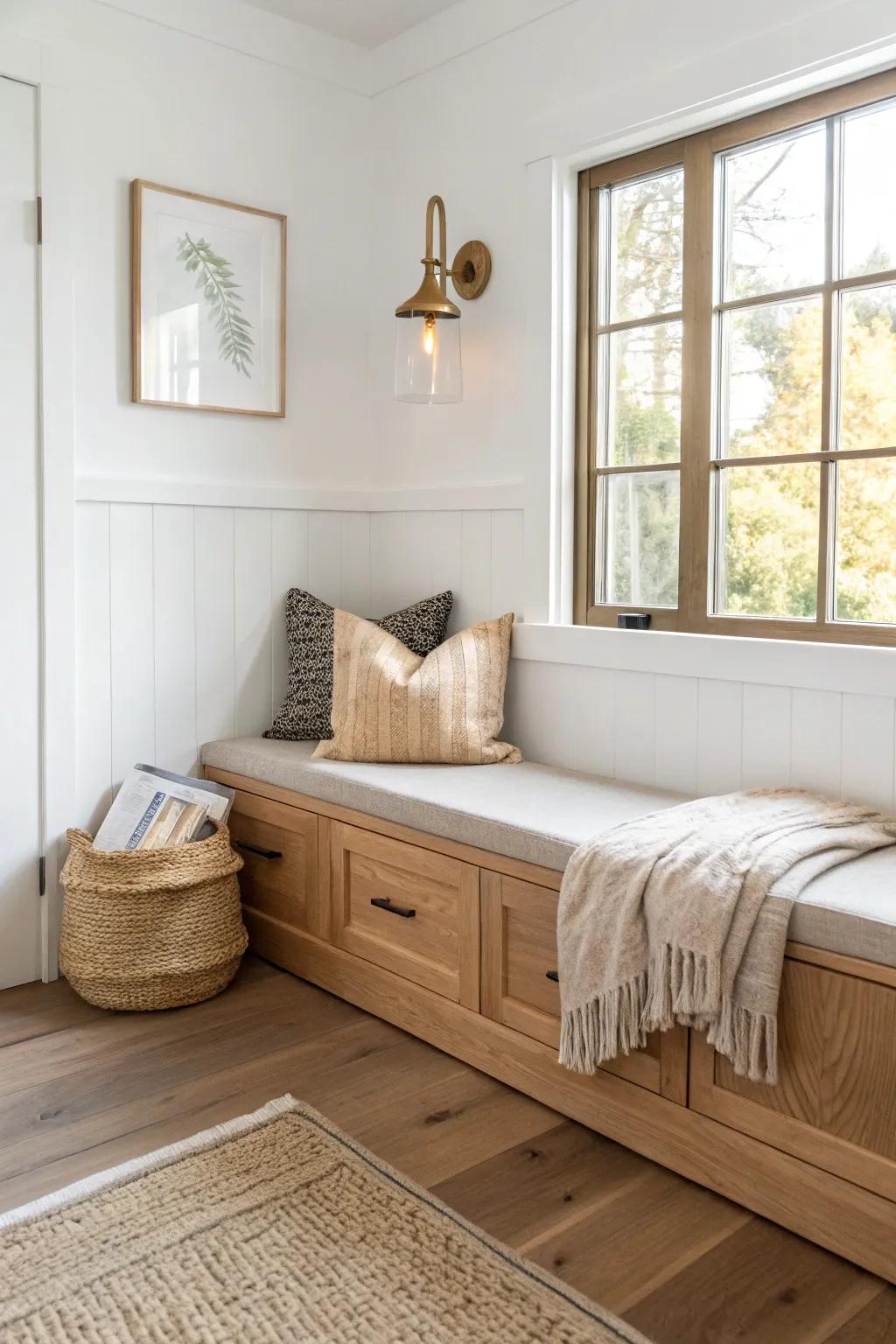 Turn an awkward corner into cozy seating with a sleek built‑in bench and one warm sconce.