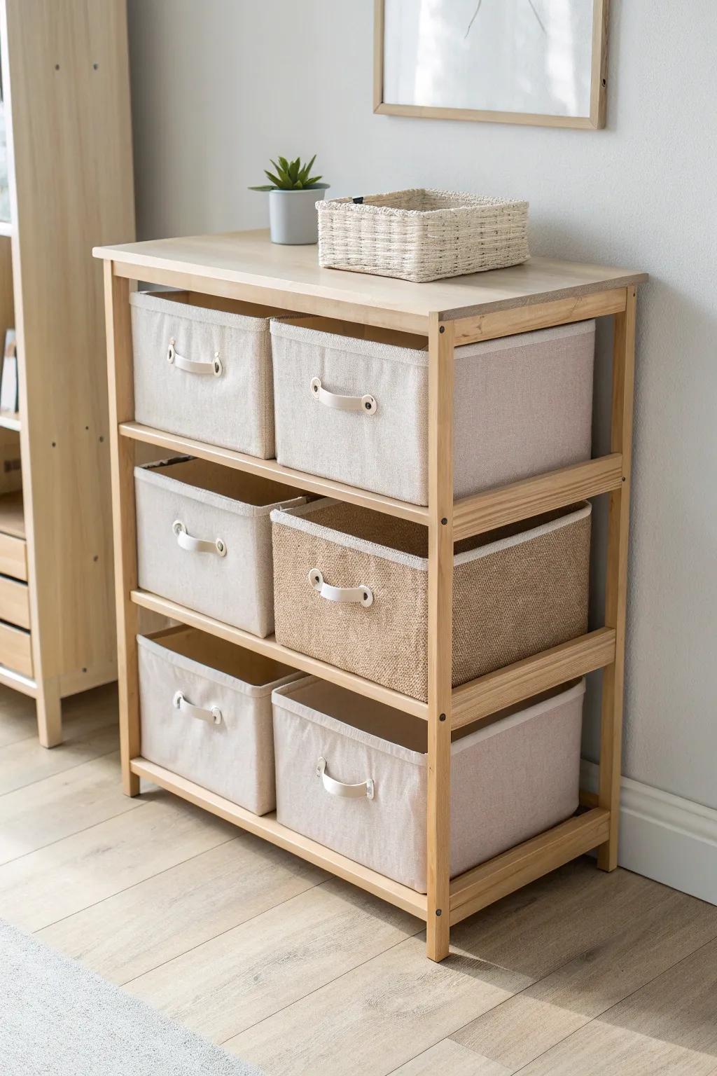 Cube shelf + soft fabric bins: a mini dorm dresser that hides clutter and looks chic.
