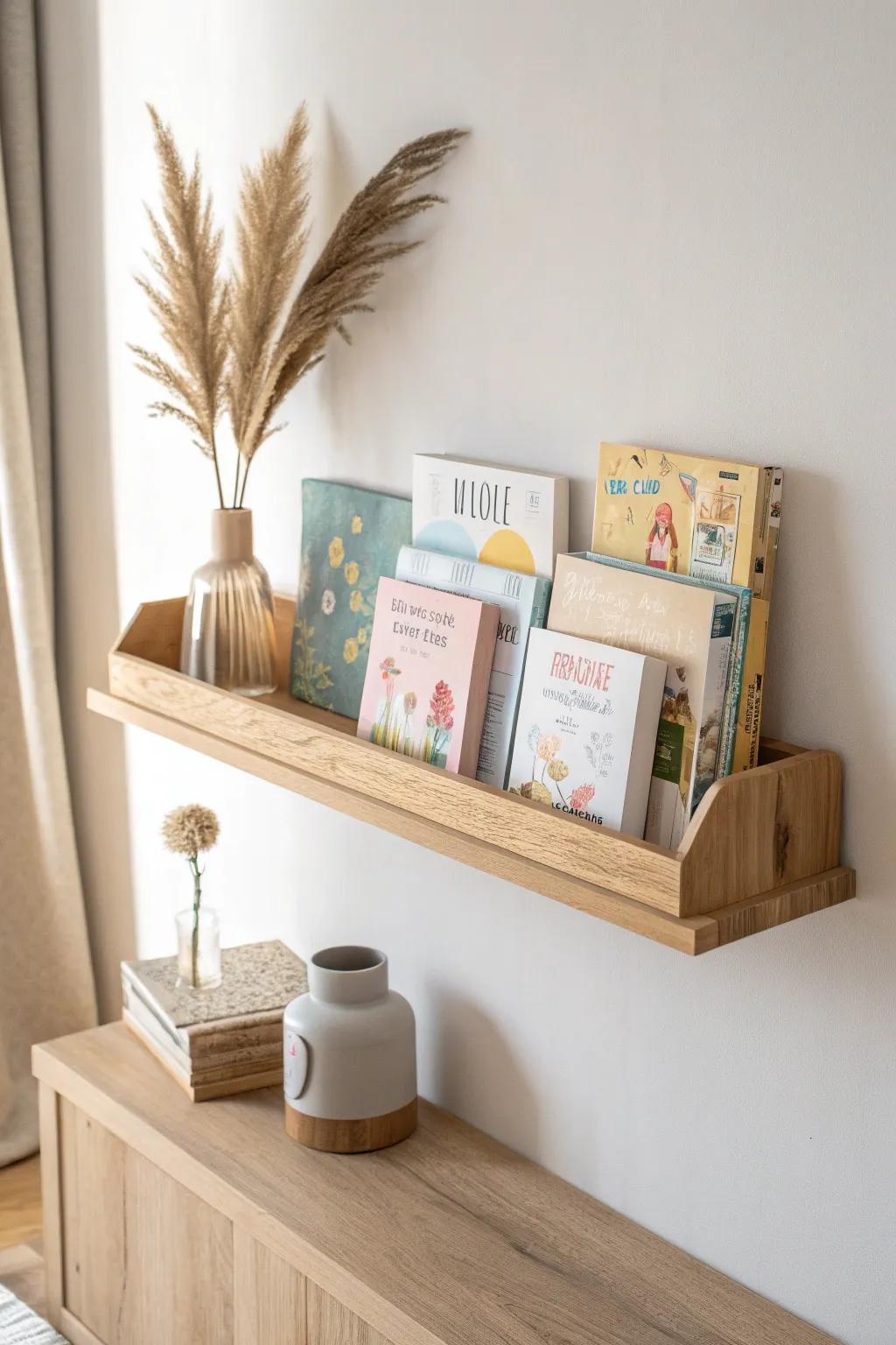 Wall-mounted ledges keep books and flat puzzles off the floor—pretty, practical, and space-smart.