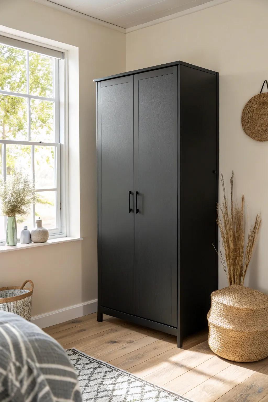 Matte-black wardrobe that visually recedes—closed doors hide clutter and calm small bedrooms.