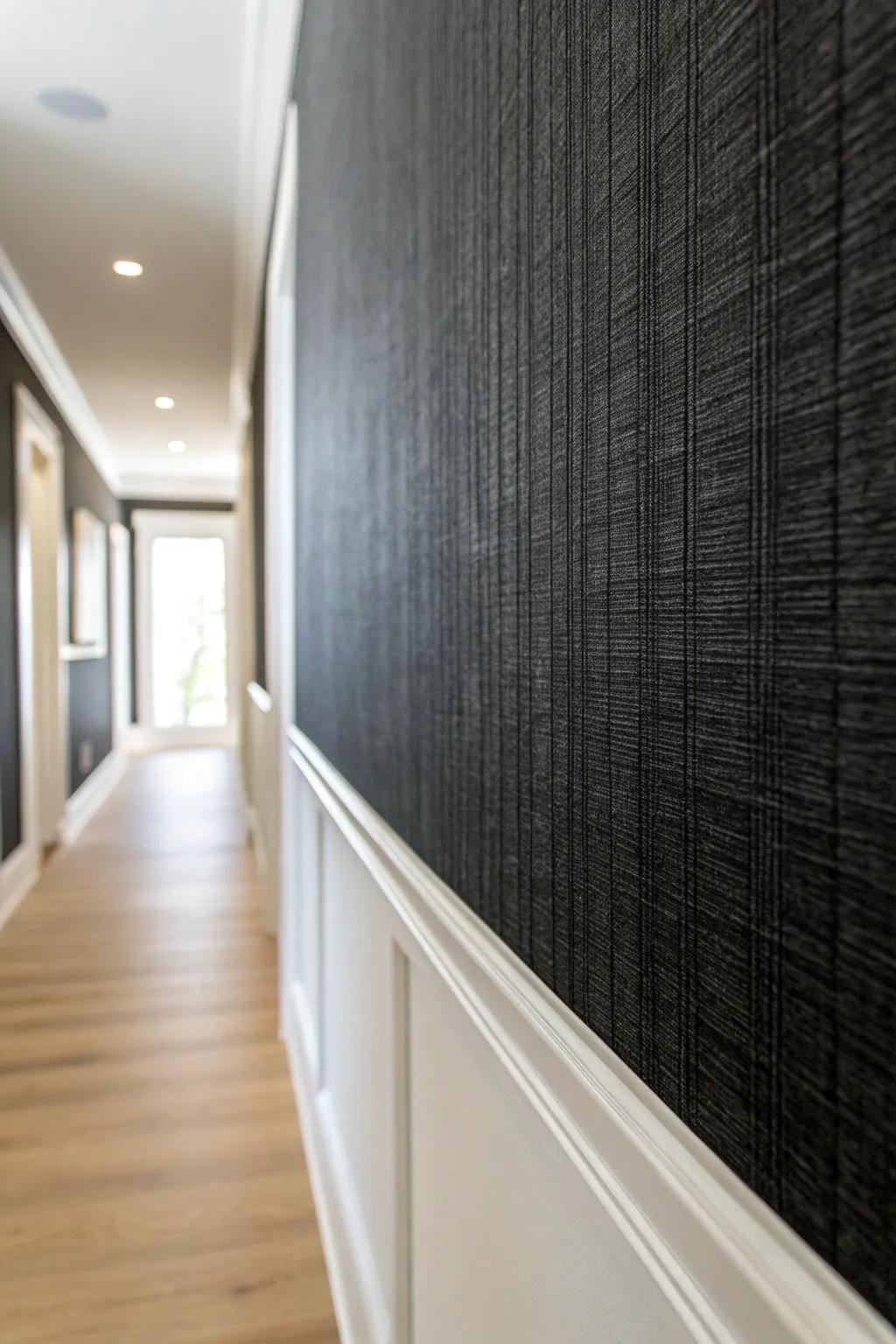 Subtle black textured wallpaper adds depth to a small hallway - rich, minimal, and cozy.