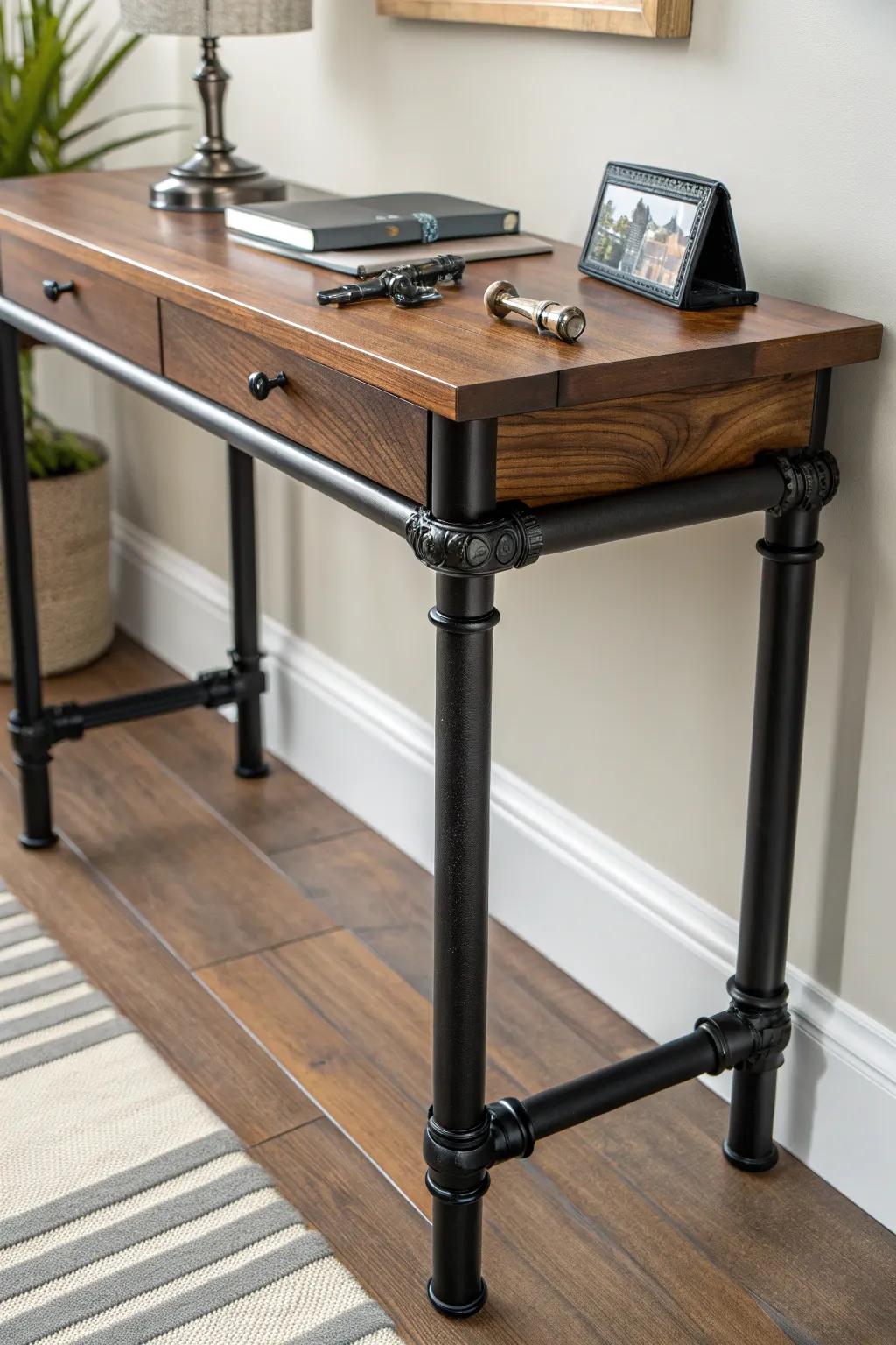 Elevate your entryway with a handcrafted console table that combines industrial charm with timeless elegance.