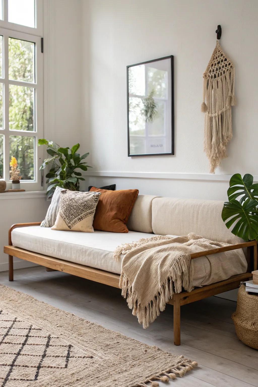 Tiny living room hack: a boho daybed styled like a sofa with pillows + one cozy throw.
