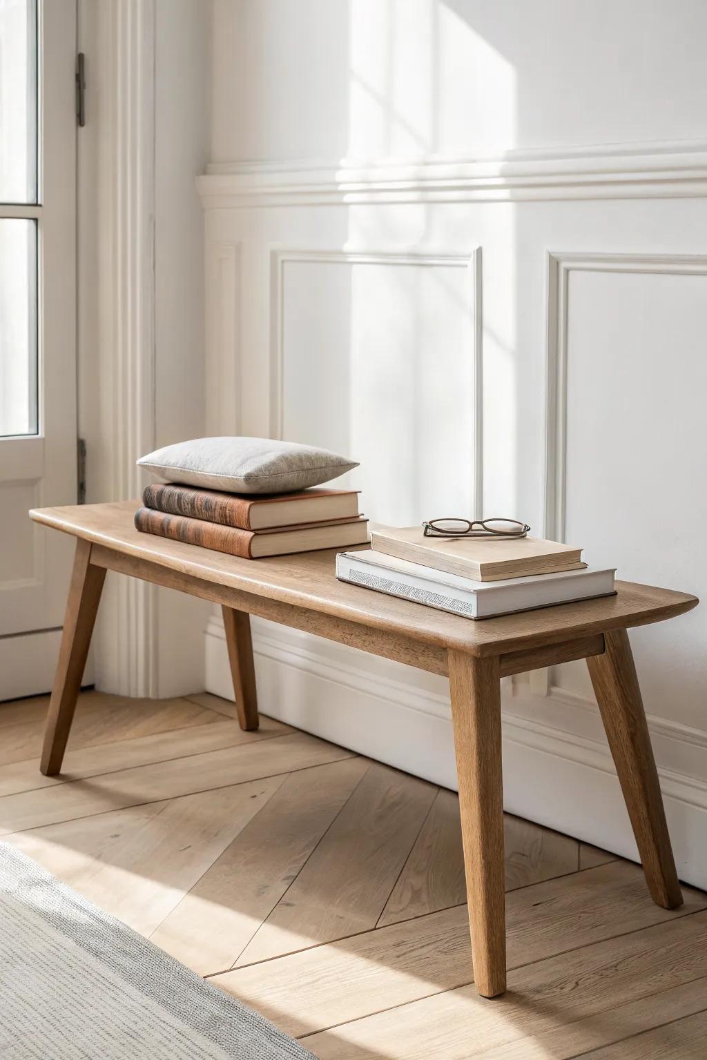 Turn a spare bench into a styled nook with low, movable book stacks in soft neutrals.