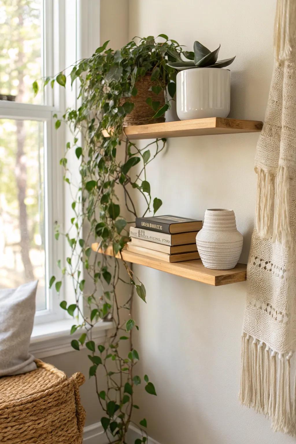 Let a trailing plant drape from the top shelf to soften lines and bring your bookcase to life.