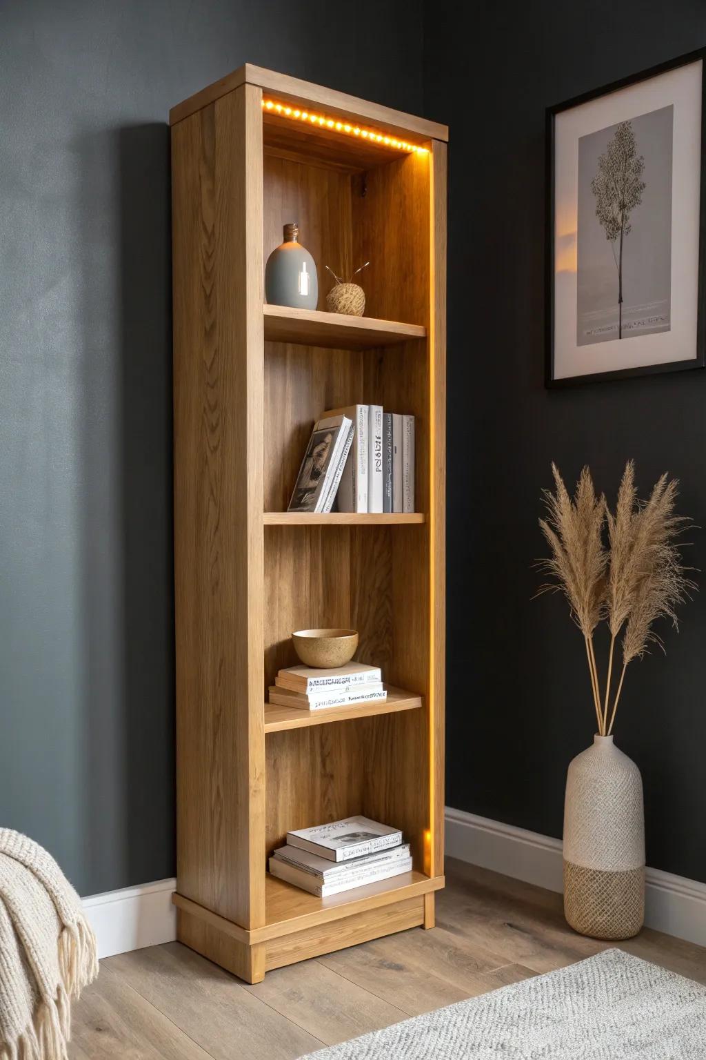 Warm shelf lighting turns a tiny bookshelf into the coziest focal point at night.