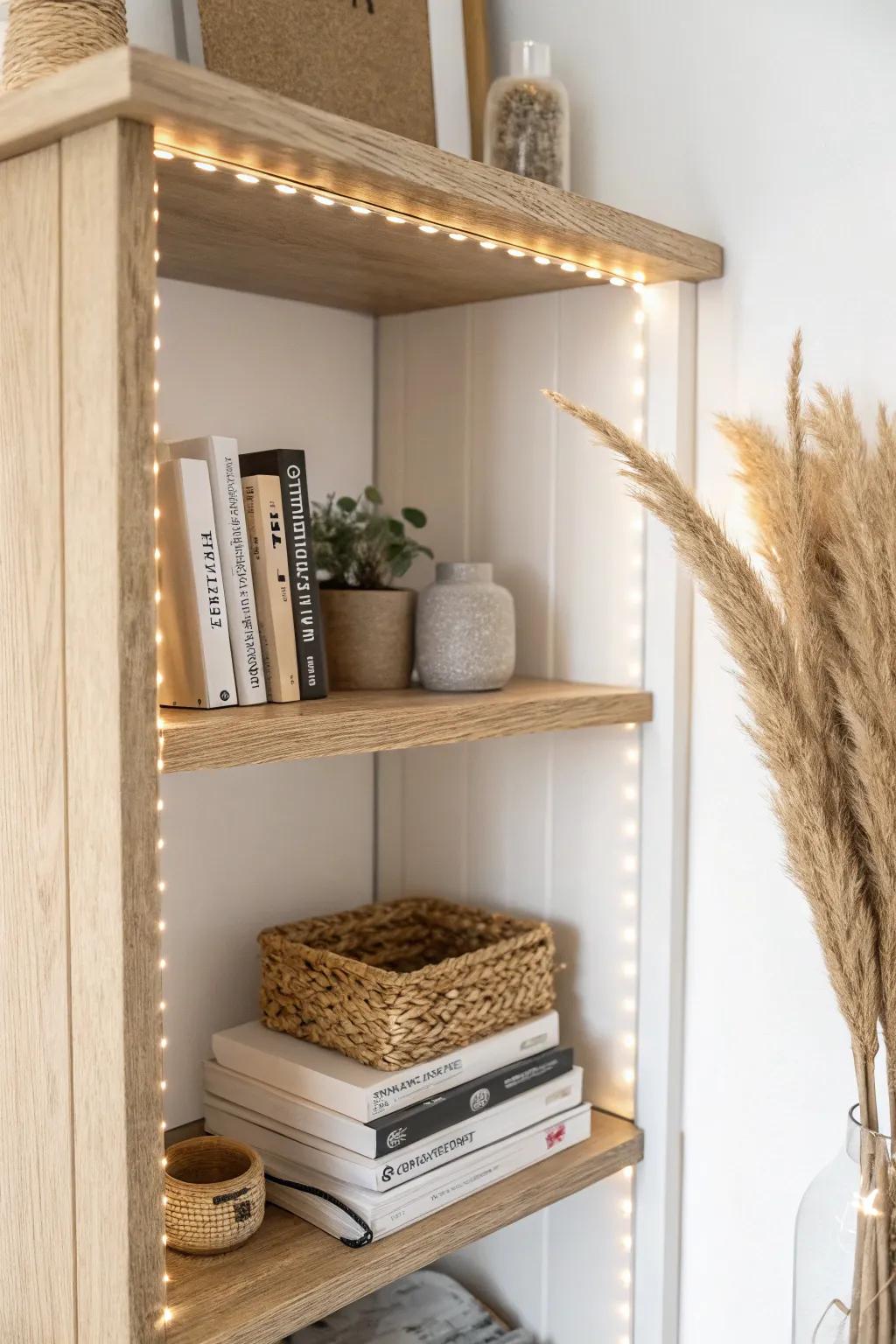 Hide messy cords by routing them down the back corner for a clean, cozy bookshelf glow.