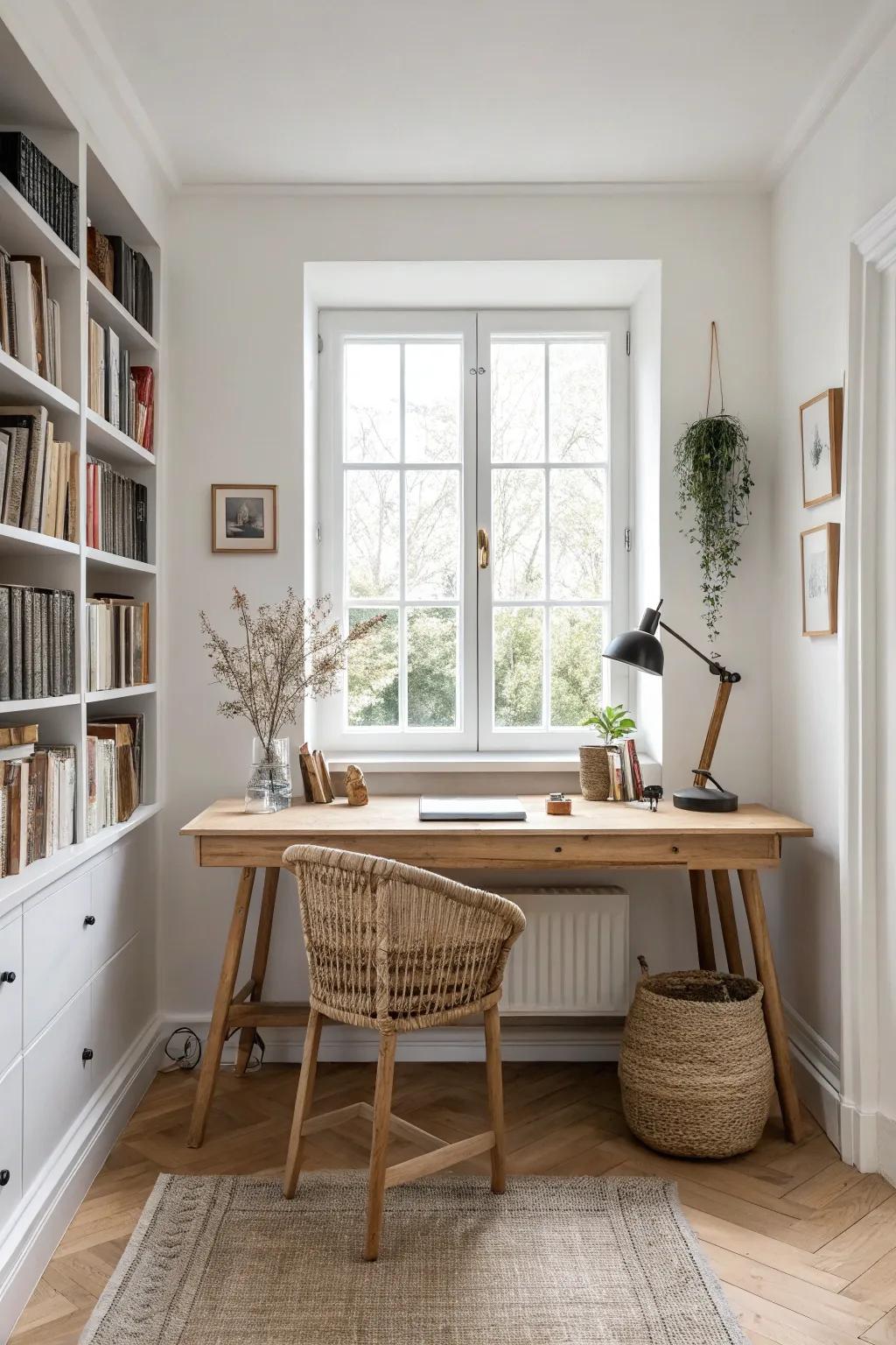A dreamy built-in desk framed by window bookshelves—bright, minimal, and small-space smart.