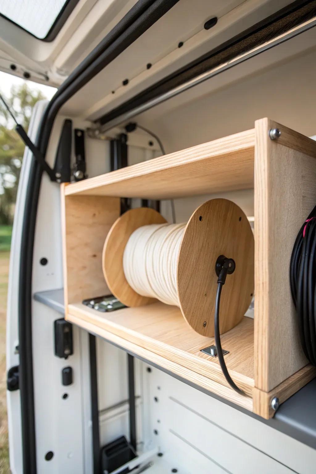 Built-in spool shelf for box trucks: clean cable feed, zero tangles, sleek minimalist look.