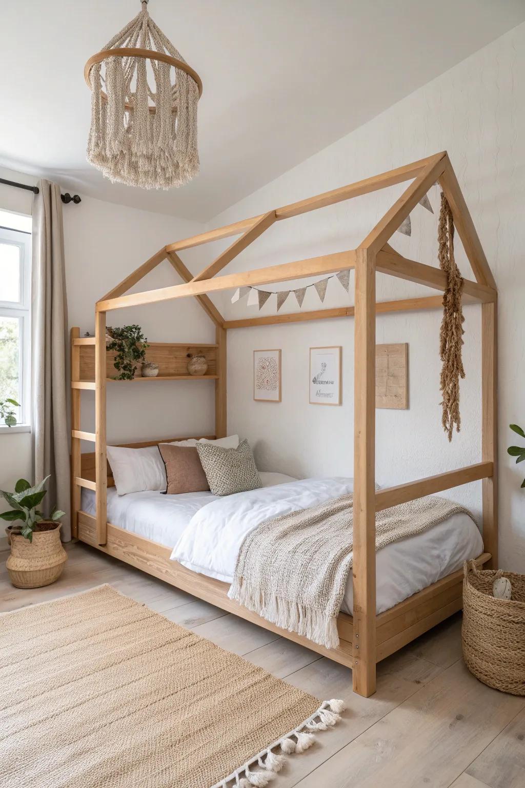 Whimsical house-frame bunk in warm wood—storybook cozy, perfectly neutral for siblings.