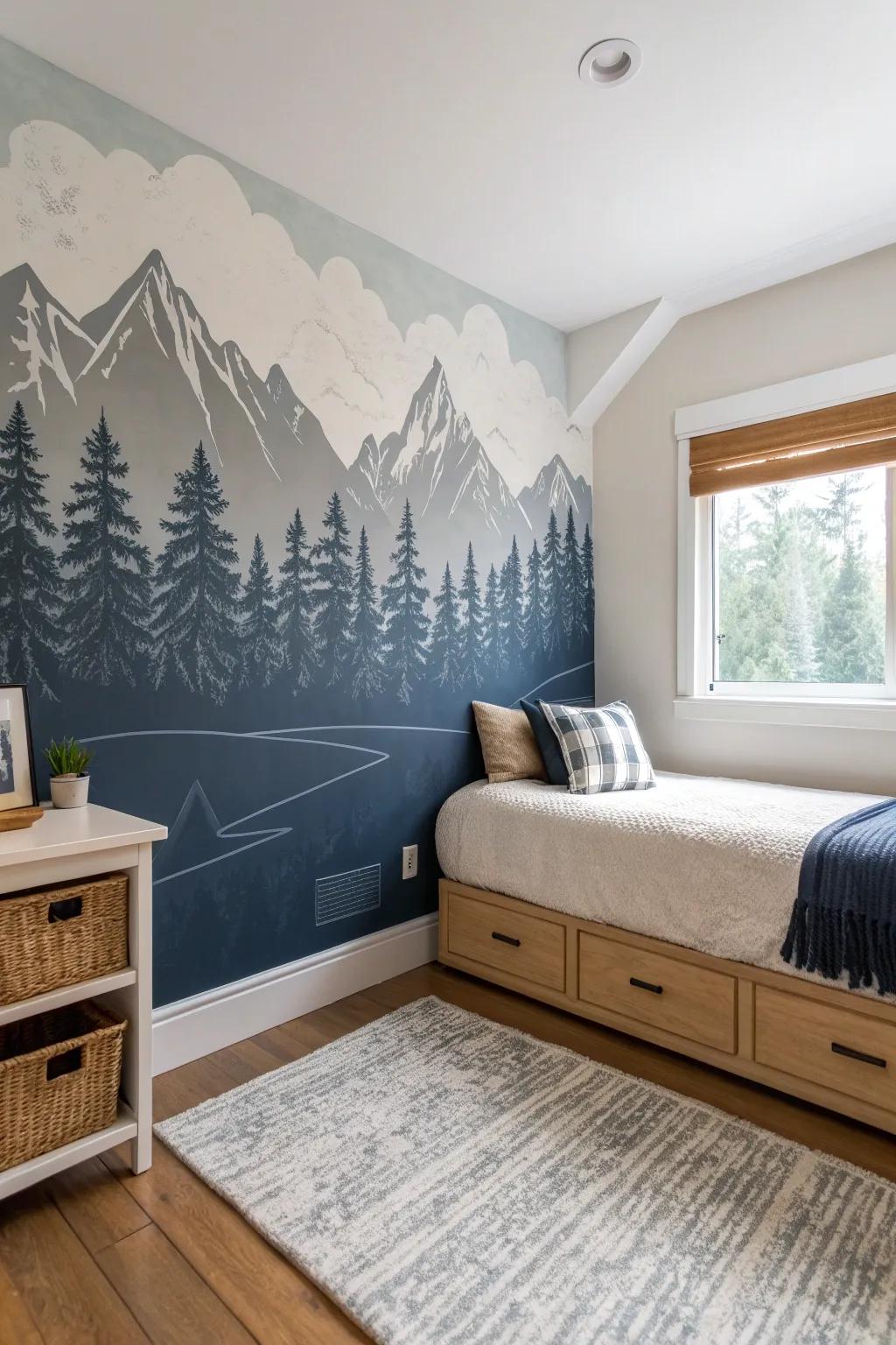 One oversized mural turns a small boys’ room into a calm, bigger-feeling space—no clutter.
