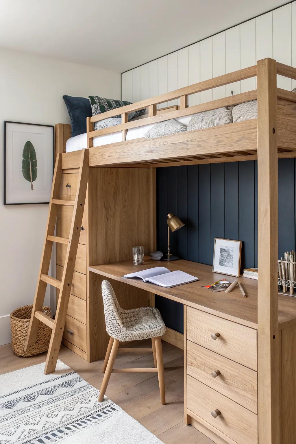 Maximize a tiny boys’ room: a lofted top bunk with a calm, tucked-away desk zone.