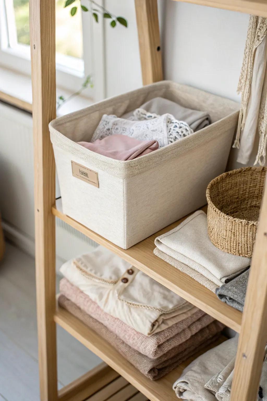 Soft linen bins in cubbies keep bras sorted, protected, and beautifully easy to grab.