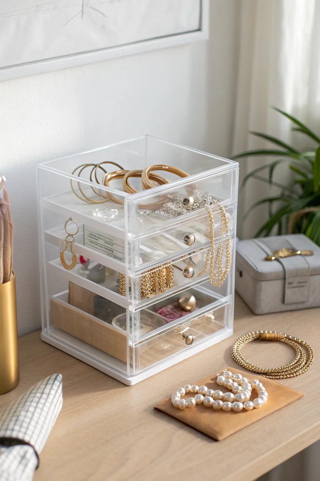 See-through drawer tower keeps bracelets sorted, visible, and clutter-free in small spaces.