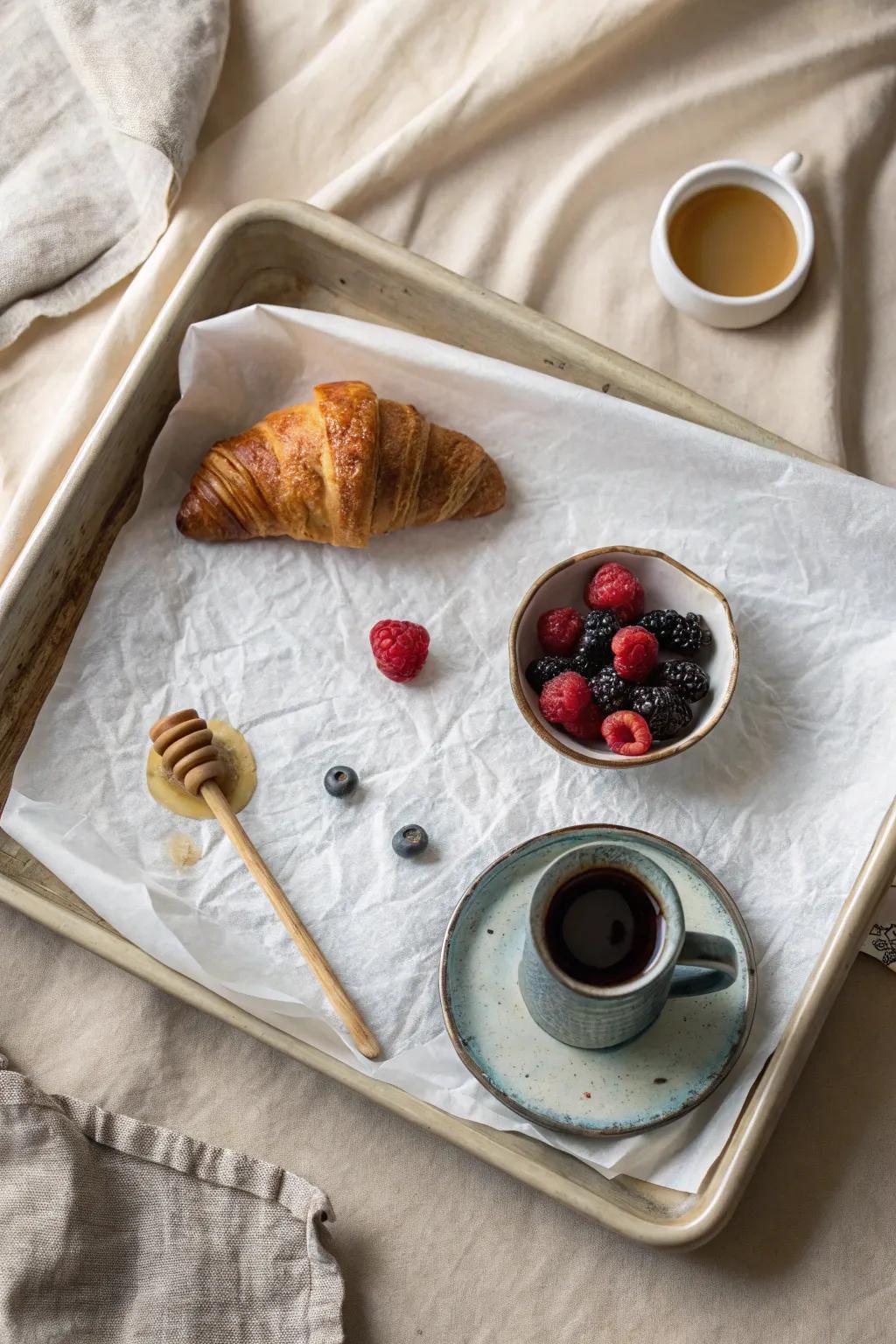 A sheet-pan brunch tray = big spread, tiny-space friendly, and parchment makes cleanup effortless.