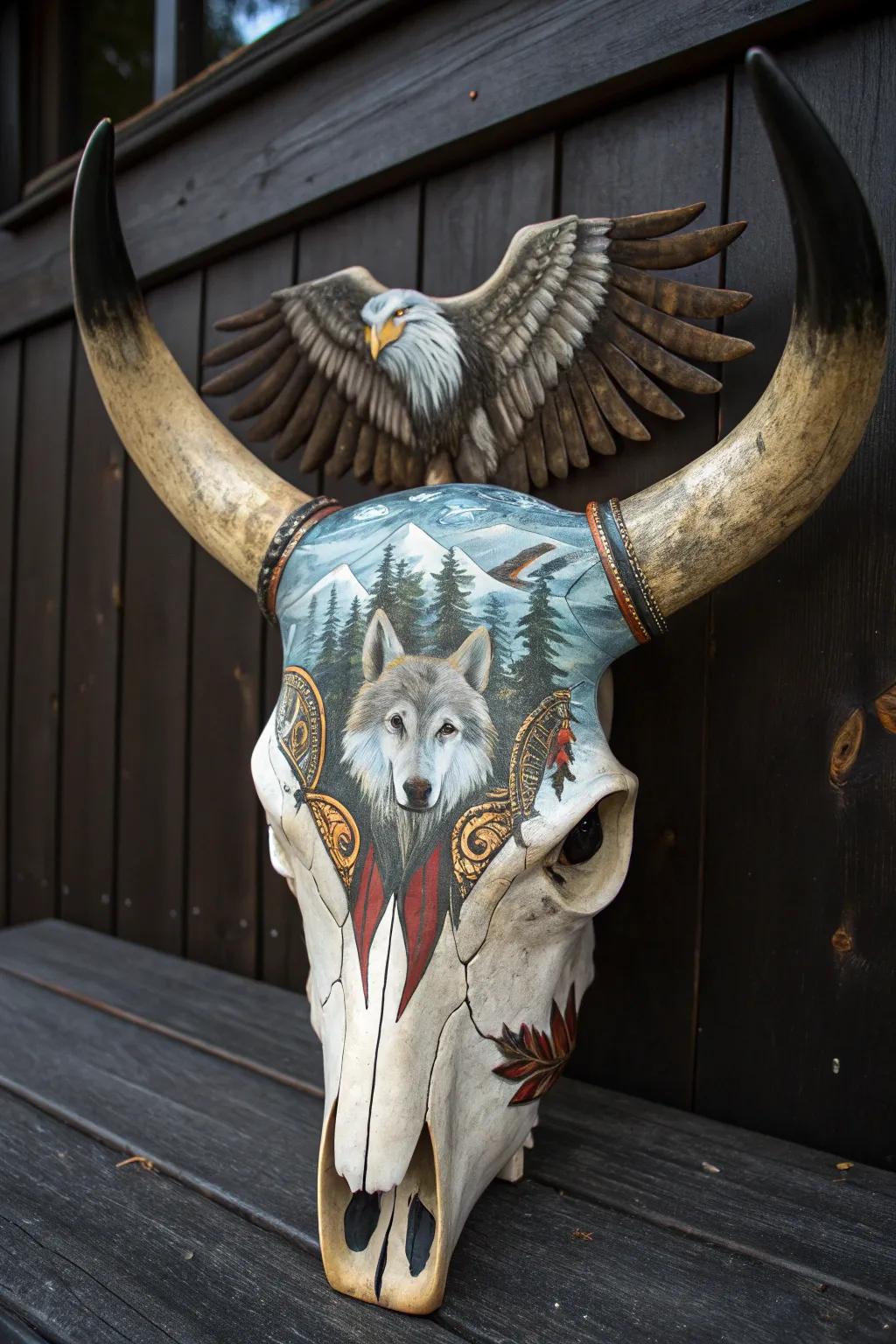 Channel the mystique of animal spirits with this intricately painted buffalo skull.