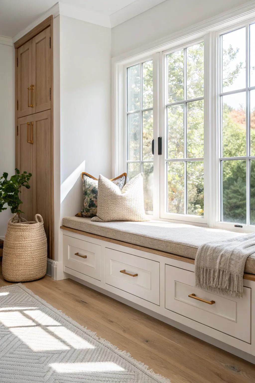 Cozy window seat with built-in cabinets—small-space storage that doubles as a reading nook.