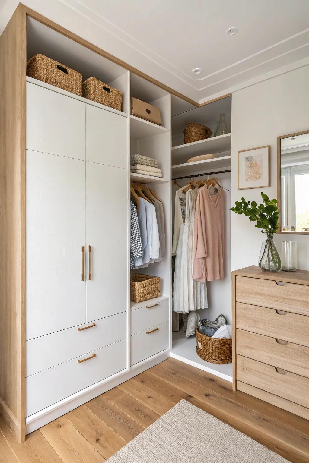 Turn an awkward corner into a seamless L-shaped built-in closet with shelves and hanging space.