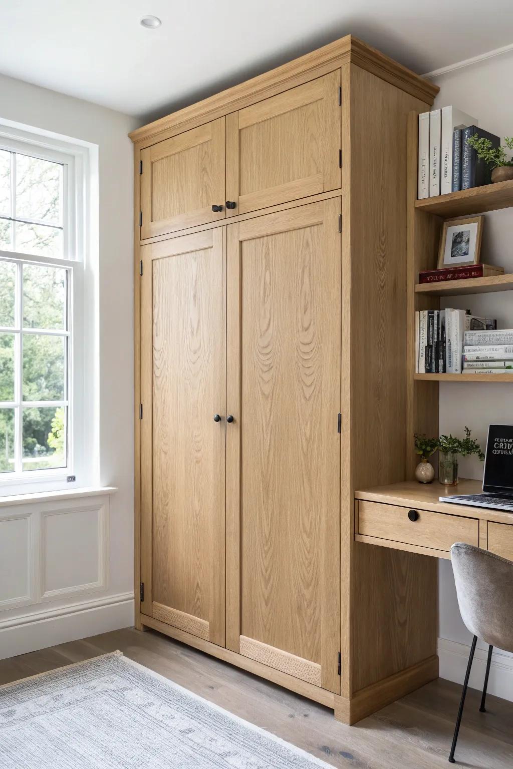 Close the doors on your workday: a hidden built‑in desk cabinet that keeps small spaces serene.
