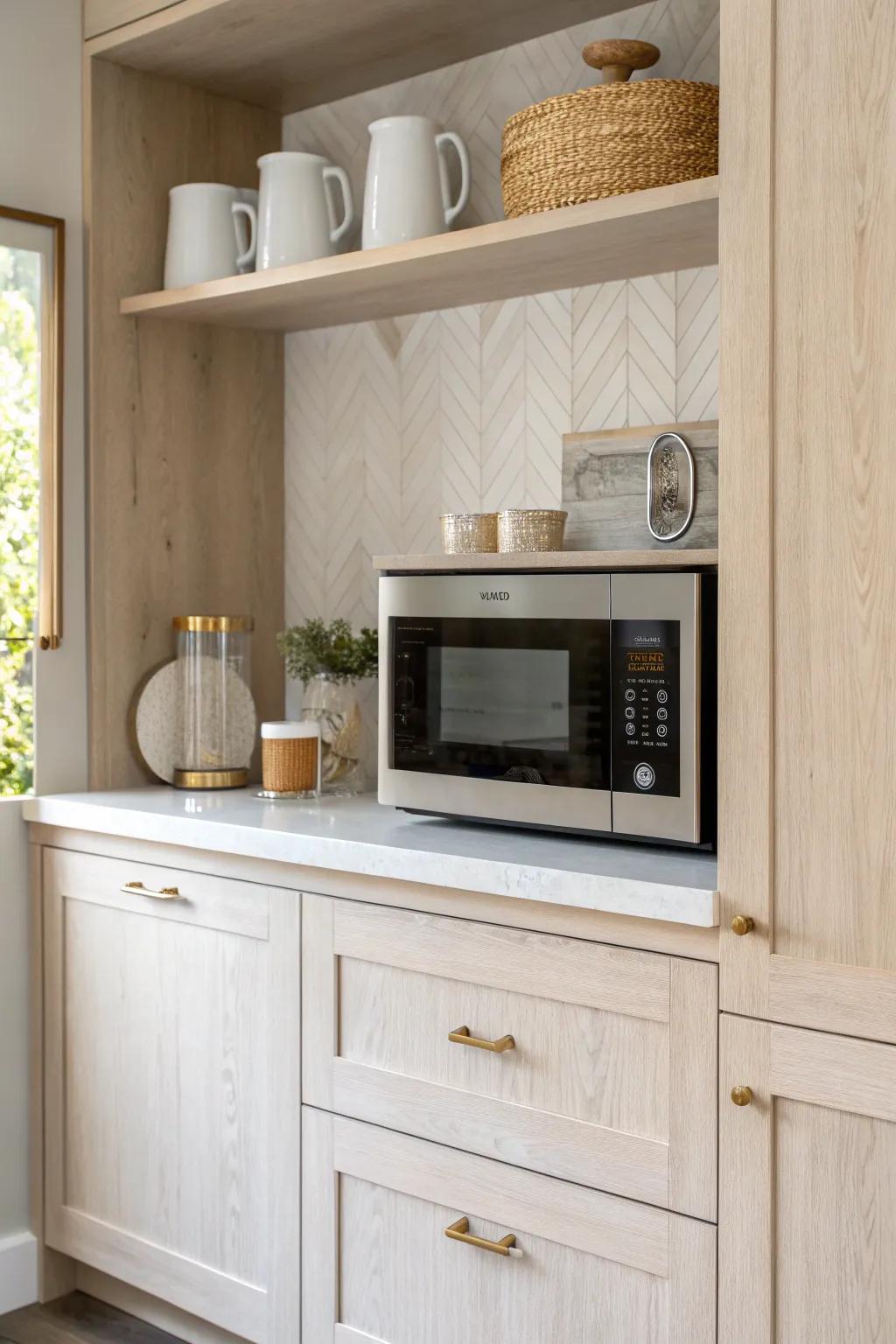 A built-in microwave tucked into a coffee bar keeps mornings organized and counters clear.