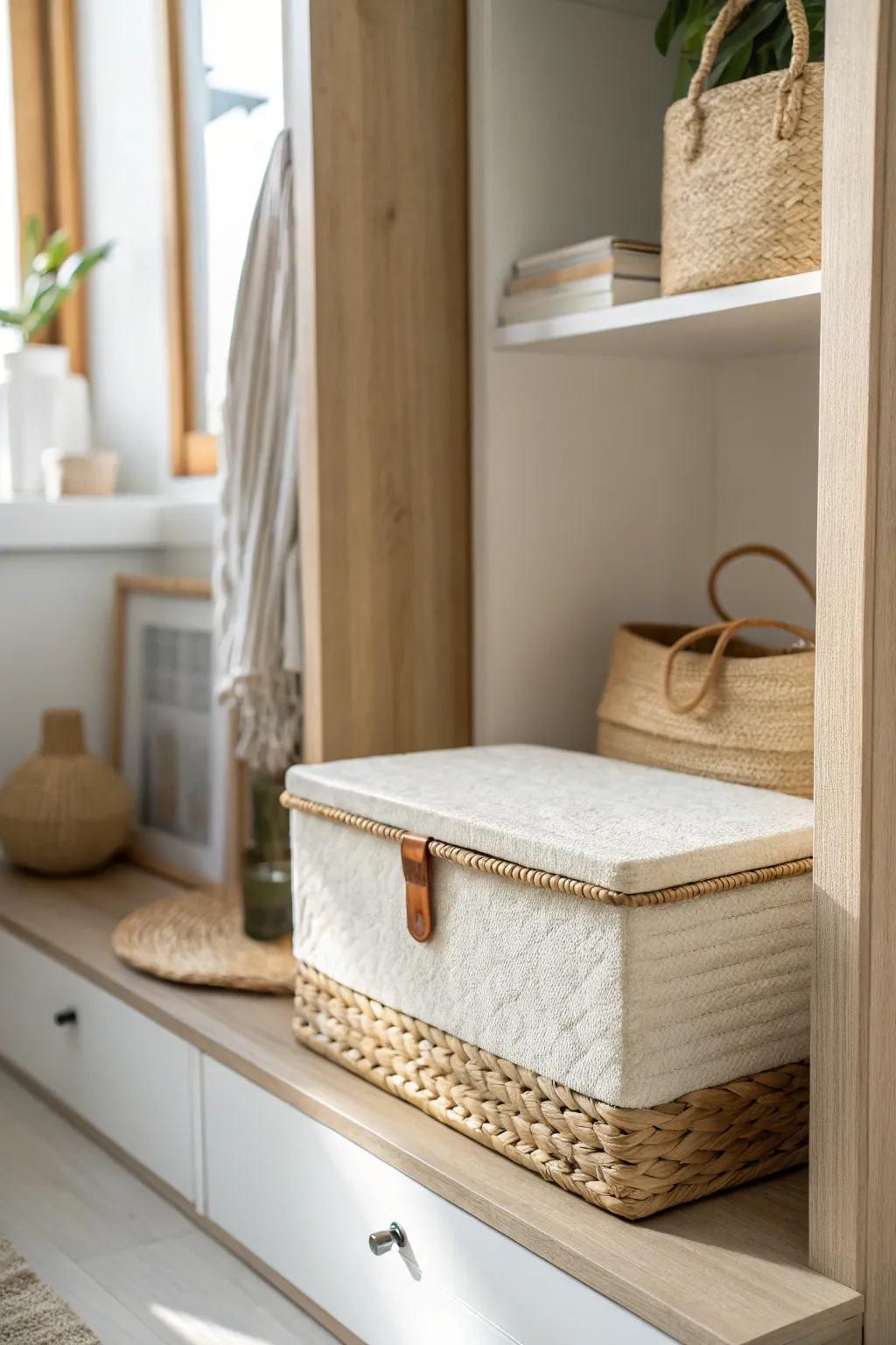 A sleek lidded box keeps shelf clutter hidden—minimal, textured, and still beautifully decor.