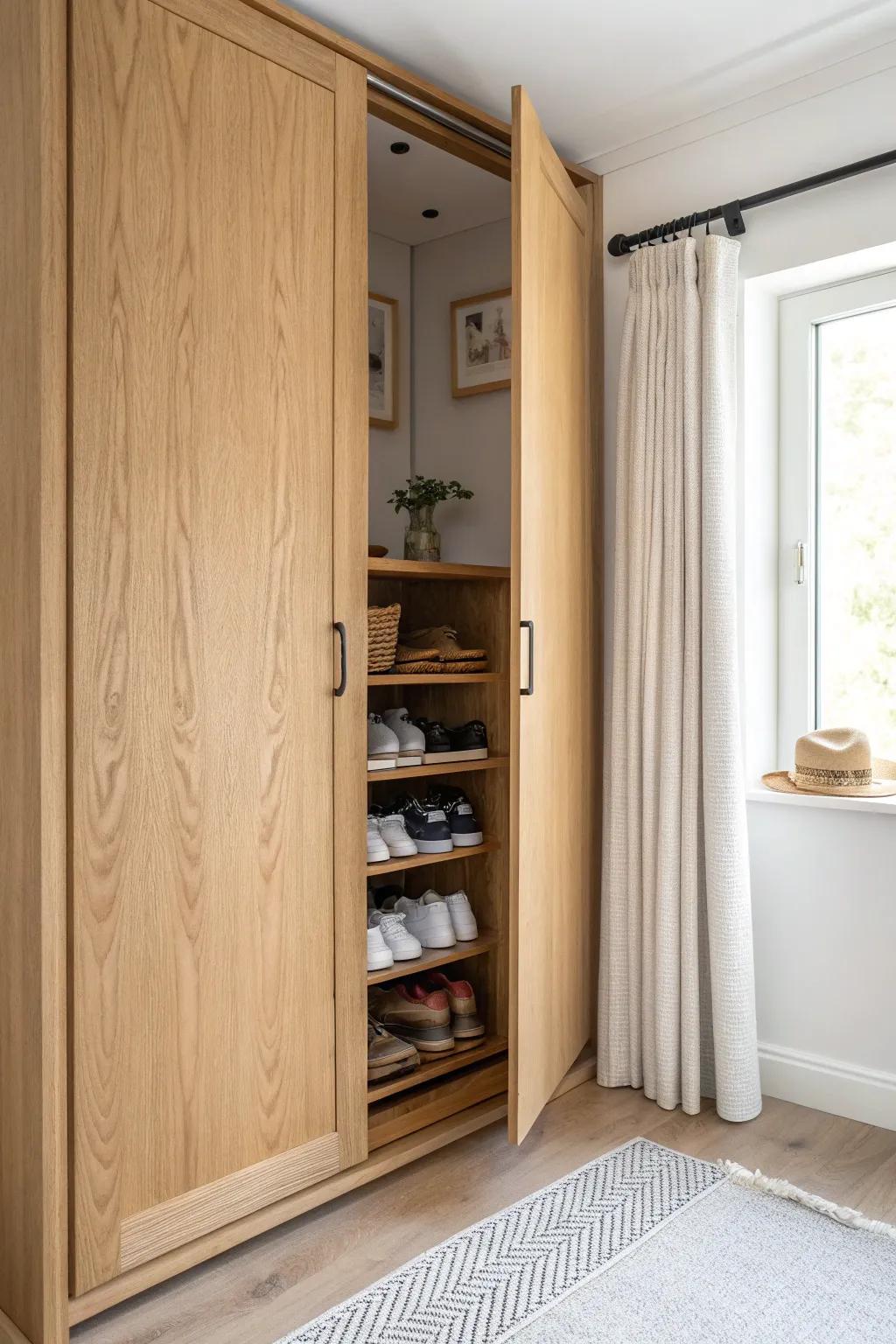 Hidden angled shoe rack behind wardrobe doors—small-space calm with crafted Scandinavian style.