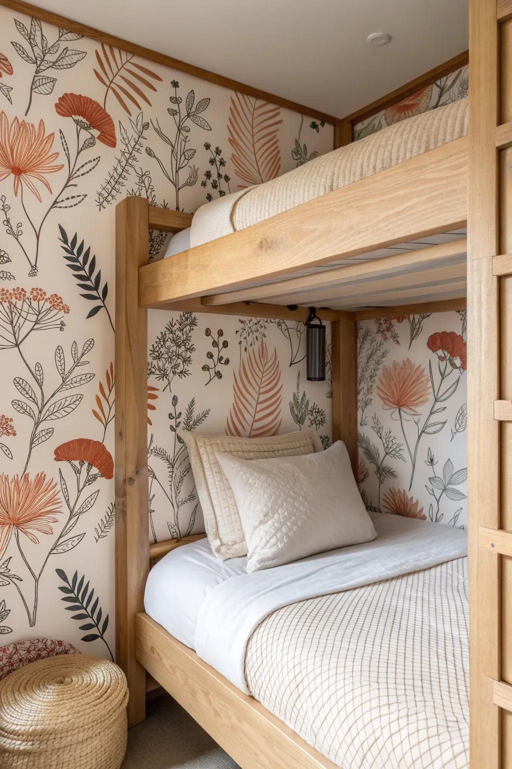 Turn each bunk into a cozy alcove—statement wallpaper adds instant depth and charm.